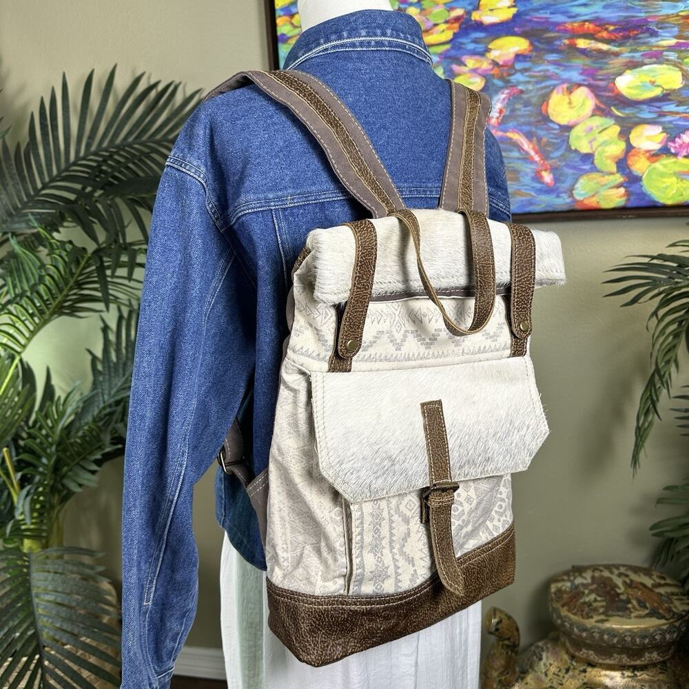 Myra Bag Backpack Hair on Hide, Leather , Canvas Foldover top - - Picture 2 of 11